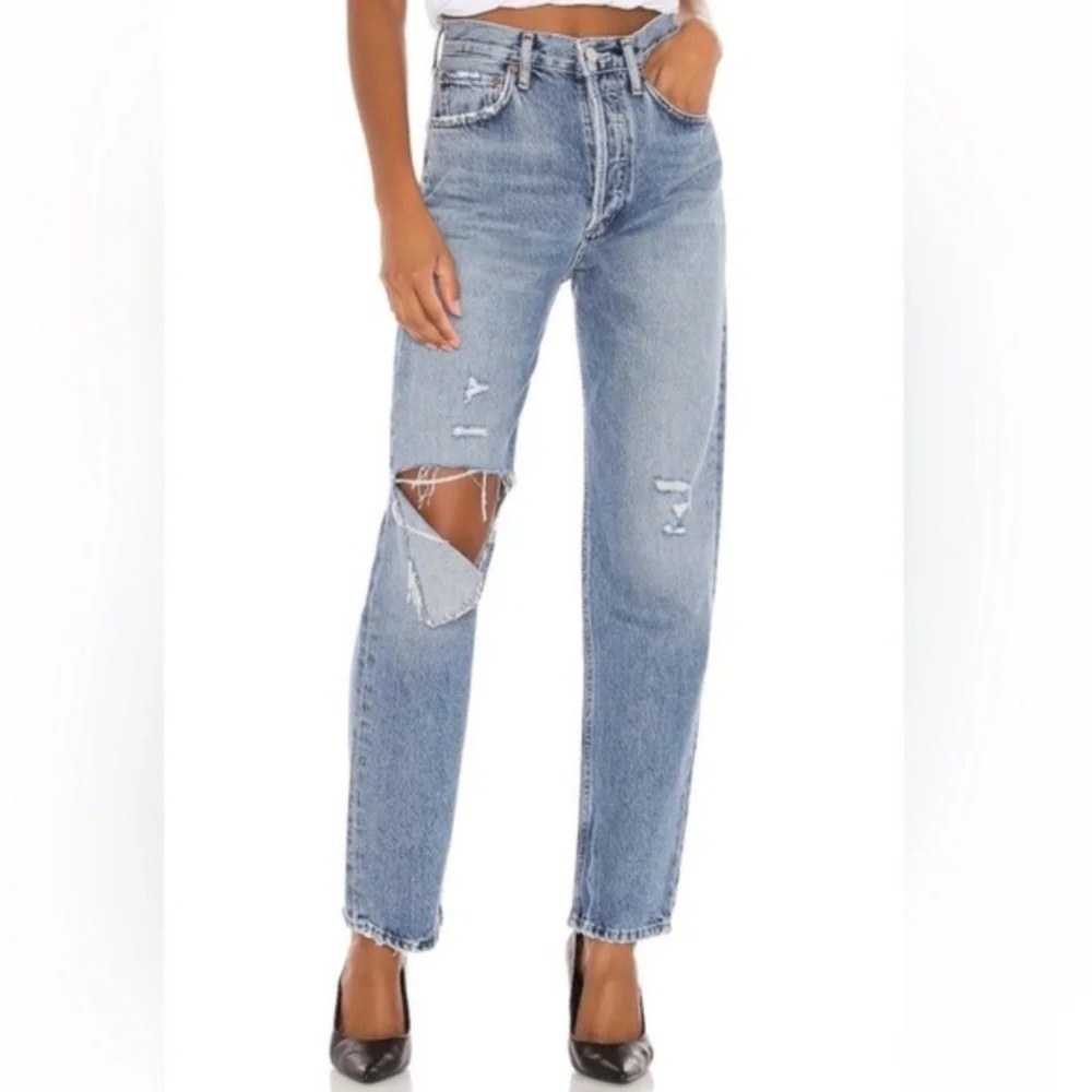 AGOLDE 90s Pinch High Waist Distressed Button Fly Straight Jeans Blue Women 25
